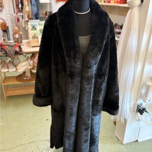 Dennis Basso Luxurious Black Faux Fur Full Length Coat.